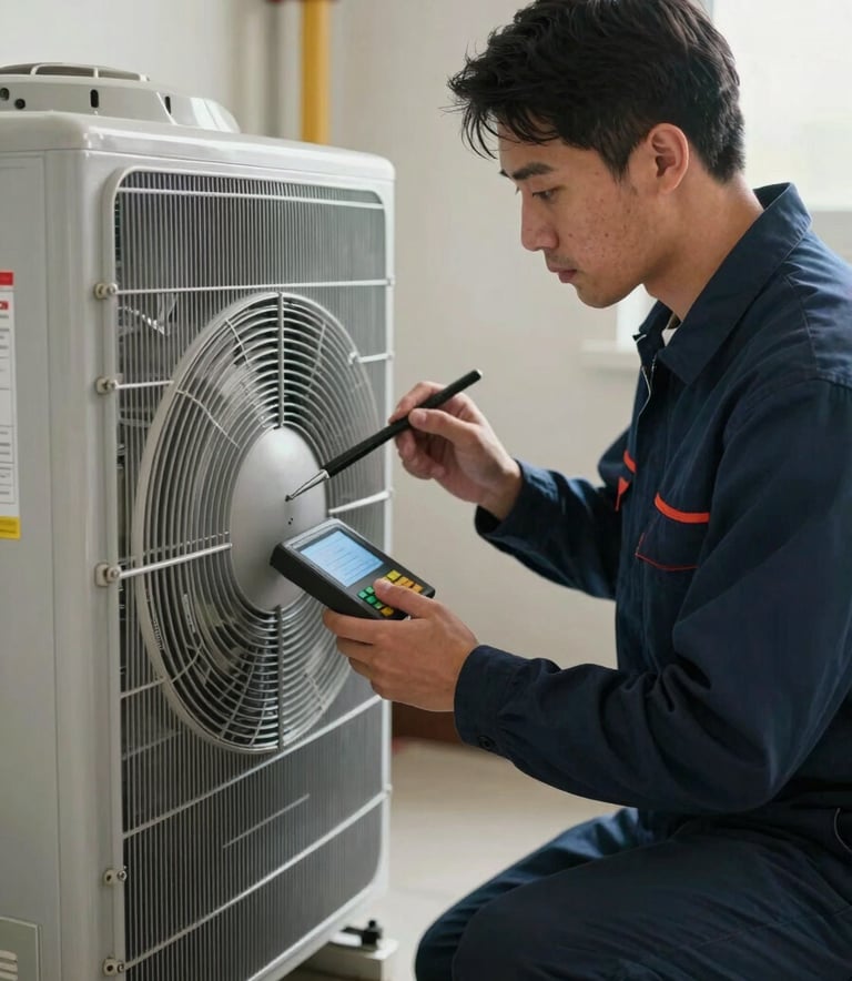 A professional HVAC technician in a dark blue uniform using digital tools to inspect an indoor furnace system in a North American utility room, soft bright lighting.