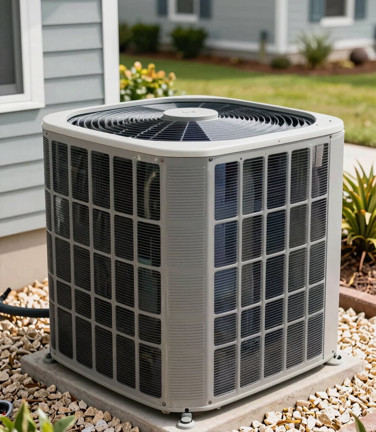 A close-up, professional photograph of a modern, clean air conditioning condenser unit installed outside a North American home in Frostproof, Florida. The surroundings are well-maintained with light-colored gravel and professional landscaping. The lighting is crisp and clear mid-day sun, reflecting a professional and efficient service.
