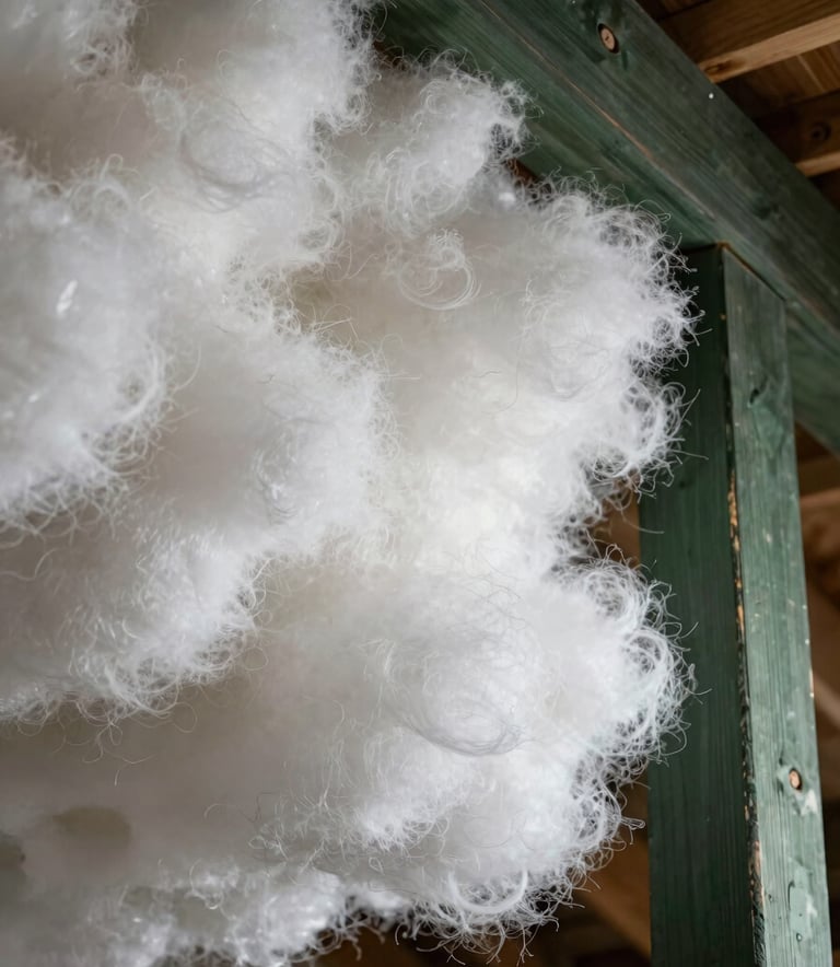 A macro shot of premium, fluffy white blown-in fiberglass insulation filling an attic space. The lighting is soft and bright, emphasizing the clean texture. A wooden joist in dark forest green tone provides a structural element on the right side of the frame. High-quality professional photography style.