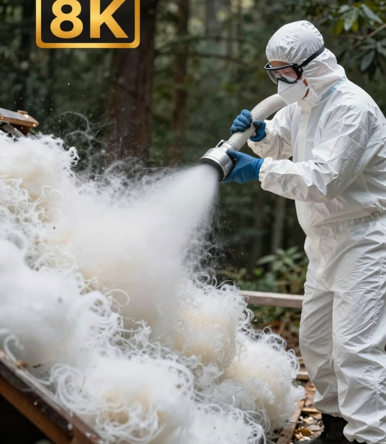 A professional technician wearing a white protective suit and mask, operating a large flexible hose to blow high-quality white fiberglass insulation into an attic. The focus is on the fluffy texture of the Cloud White material against a Muted Forest background.