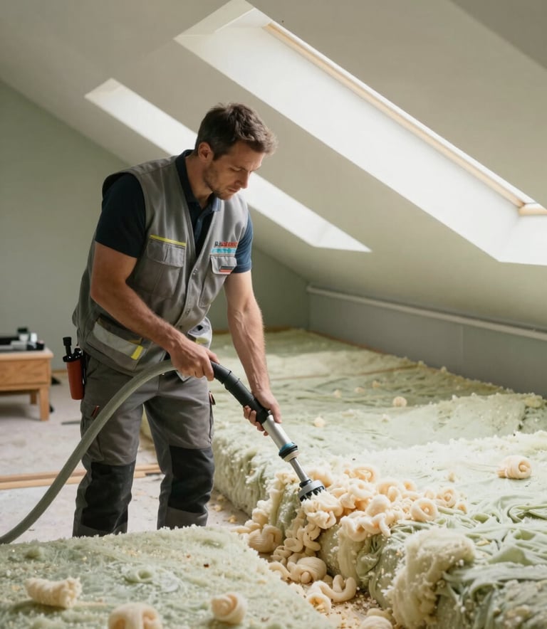 A professional insulation technician wearing a mist grey branded vest and safety gear, carefully operating a hose to install blown-in insulation in a modern attic. The lighting is natural and clear, highlighting a clean work environment with soft pale sage accents.