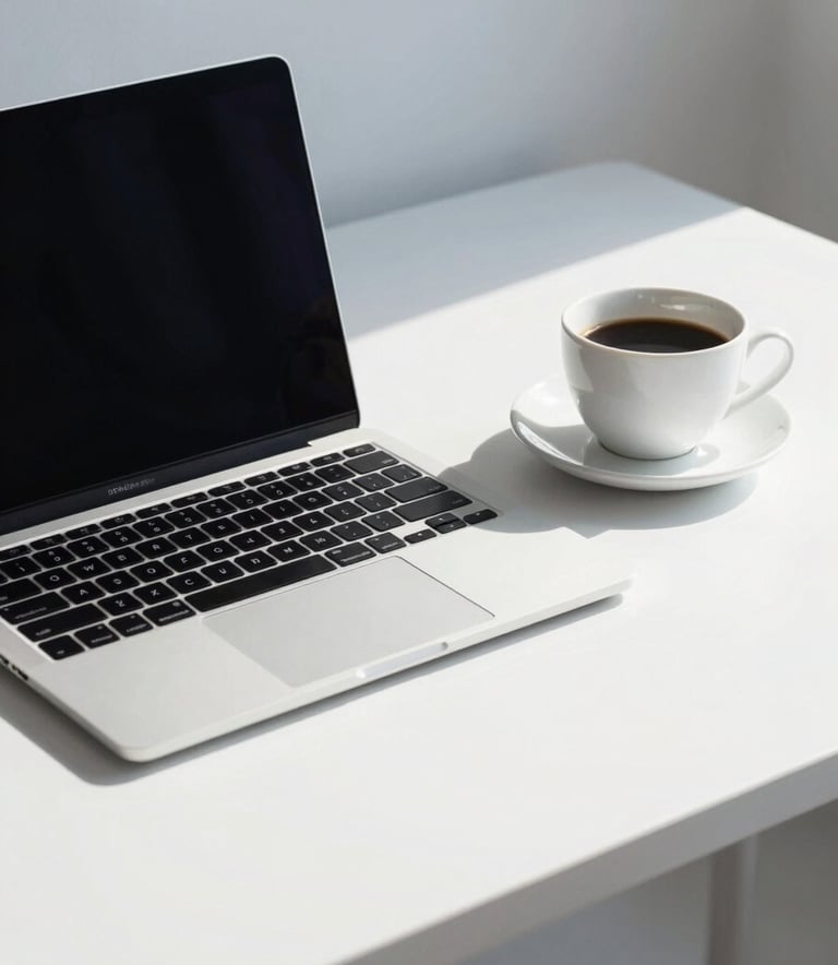 A crisp, professional photograph of a laptop and a cup of coffee on a minimalist white desk in a bright North American creative studio. The composition is clean, emphasizing a data-driven, organized workspace with soft steel blue shadows.