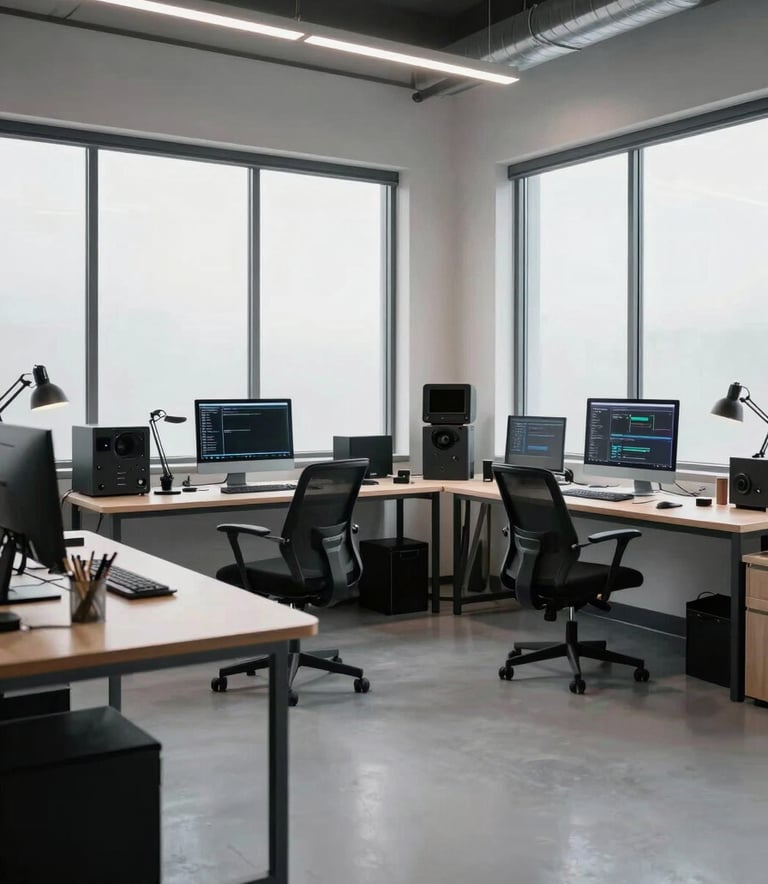 A wide photography shot of a modern North American creative studio. The composition is clean and minimalist, showing a professional workspace with high-tech equipment, large windows, and an atmosphere of data-driven innovation and sophistication.