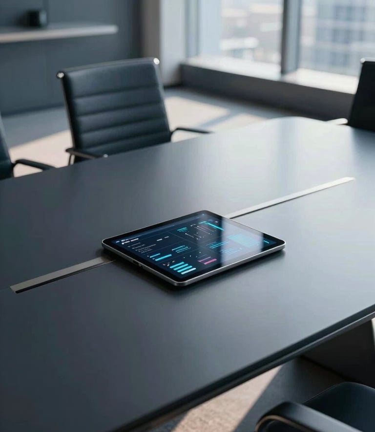 A high-angle professional shot of a sleek, modern conference table in a North American corporate skyscraper. A tablet on the table displays blurred data visualizations. The room is filled with soft, natural morning light, creating a sophisticated atmosphere with a palette of deep navy and light steel blue tones.