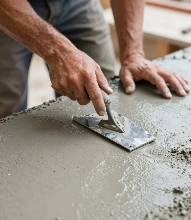 A close-up photograph of a skilled mason's hands using a steel trowel to expertly finish a smooth concrete slab. The lighting is bright and clear, emphasizing the wet, light grey texture of the concrete. The worker wears professional attire suitable for a North American construction site.