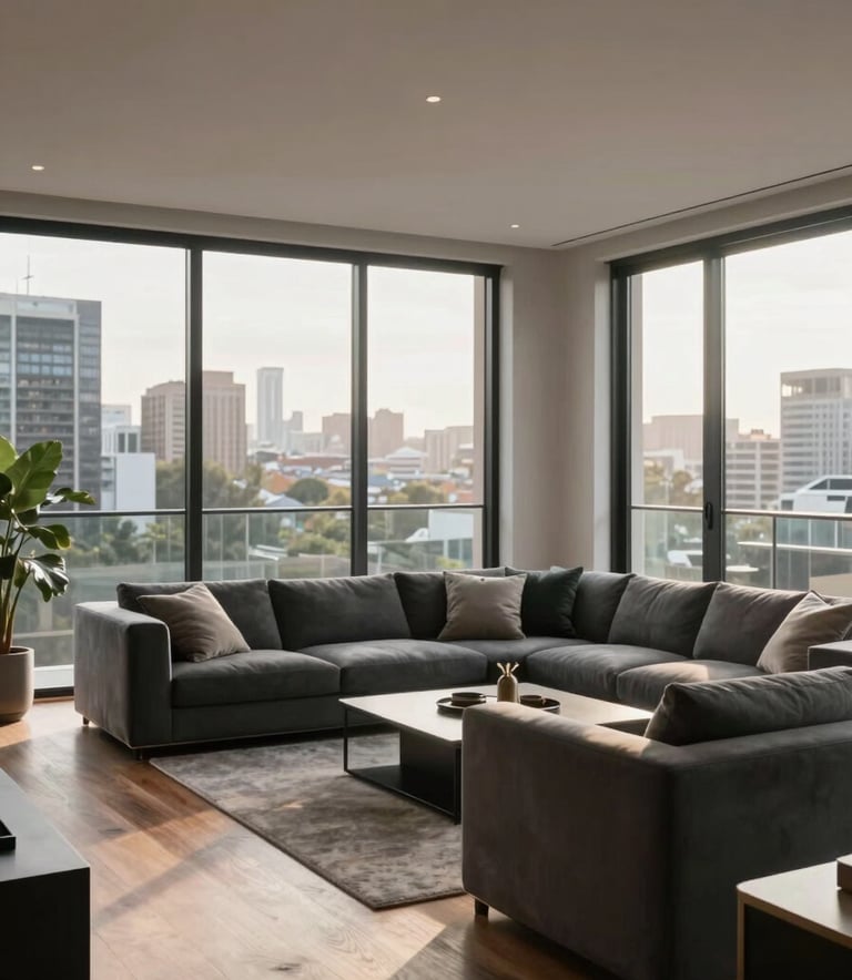 A wide-angle professional photograph of a luxury renovated Sydney apartment living room. Large floor-to-ceiling windows show a soft-focus urban Australian background. The interior features light grey walls, brown timber flooring, and sophisticated charcoal furniture. Warm, natural sunlight creates an inviting atmosphere.