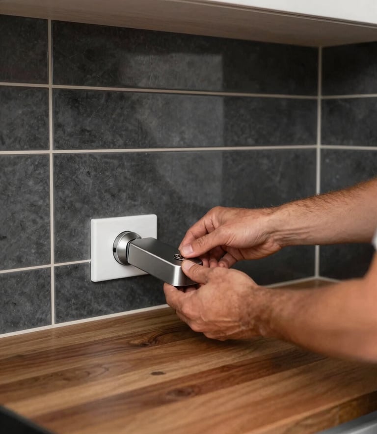 A close-up shot focusing on the high-quality craftsmanship of a renovated Australian kitchen. A brown wood countertop meets a sleek charcoal tile splashback. A professional tradesperson's hand is seen placing a high-end designer fixture. Bright, clean, professional lighting.