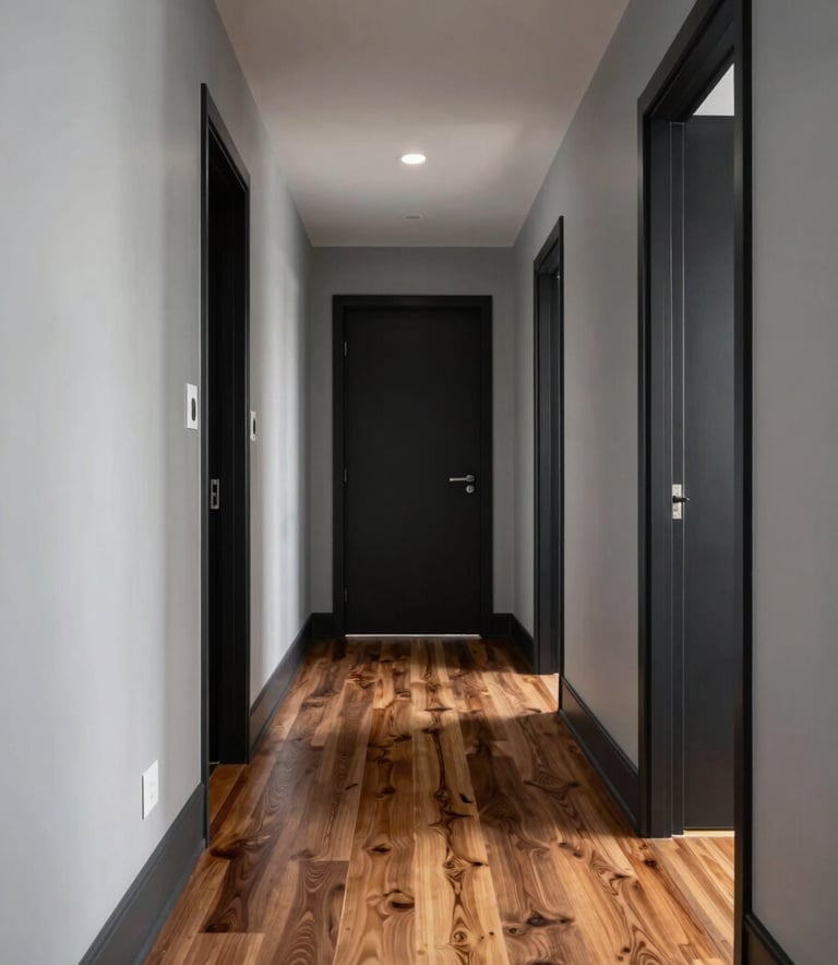 Professional photography of a renovated Australian hallway with light grey walls, dark charcoal accents, and high-quality timber flooring.