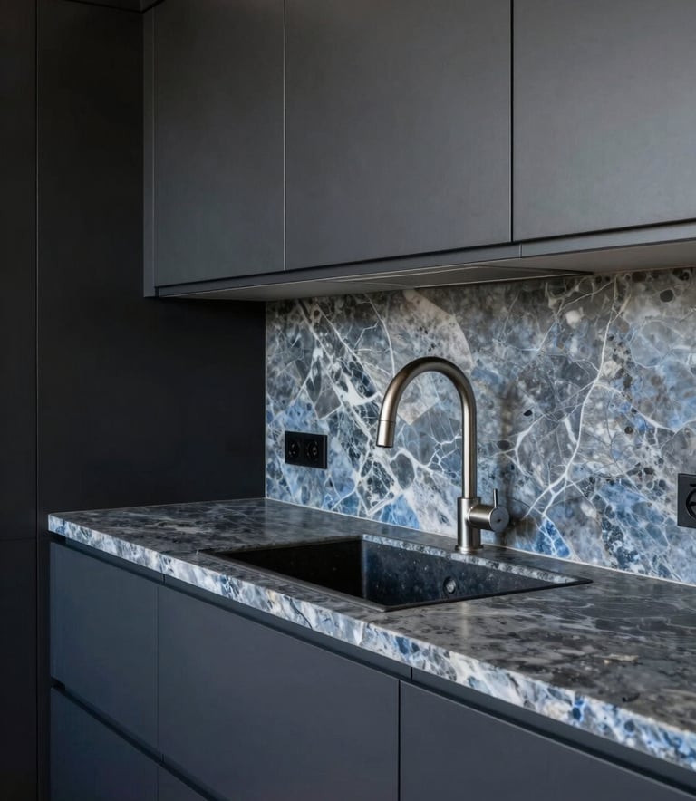 Close-up architectural photography of a renovated Australian kitchen with dark charcoal cabinetry and blue grey stone countertops, professional and high-quality.