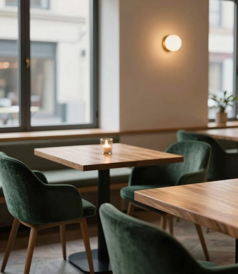 A sophisticated, cozy Scandinavian-style restaurant interior in North America / Western Europe. Minimalist wooden tables, forest green velvet chairs, and warm soft lighting. A window shows a soft daylight glow.