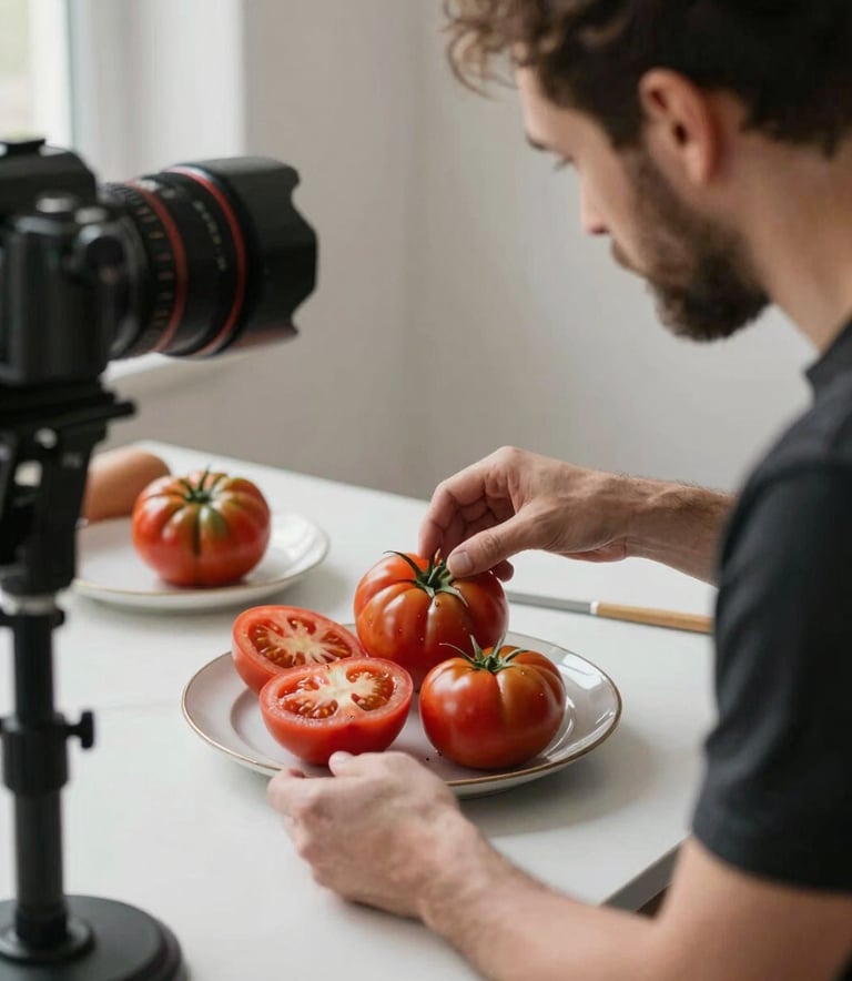 Behind-the-scenes photography of a digital marketing professional in a North American / Western European studio, carefully styling a plate of heirloom tomatoes for a social media photo shoot.