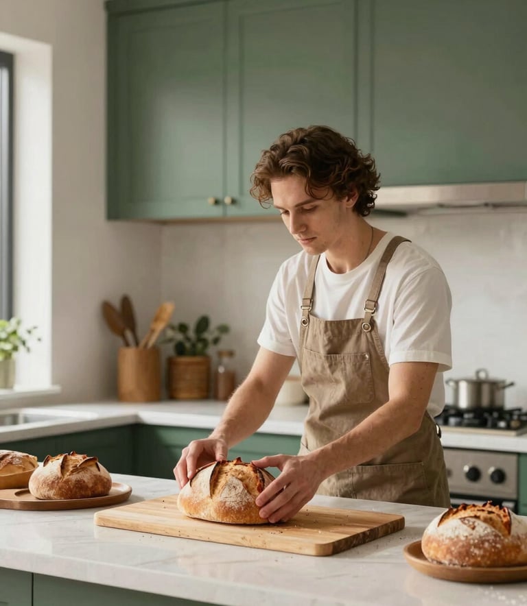 A professional food photographer in a modern North American / Western European kitchen setting, carefully adjusting the lighting for a shot of fresh artisanal bread. The scene is warm and inviting, featuring matte forest green cabinets and crisp parchment walls.