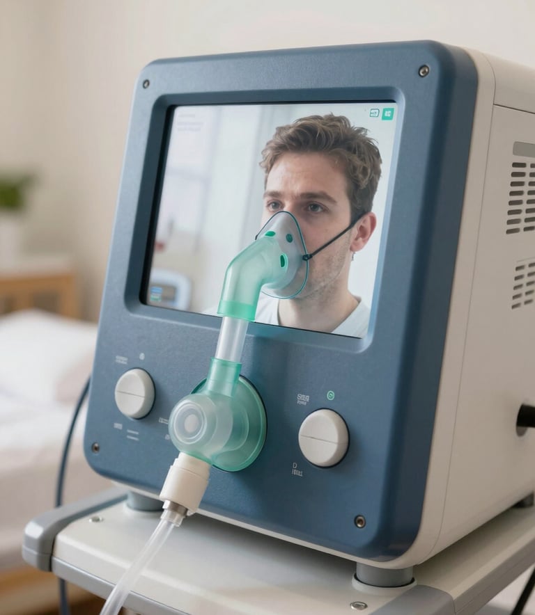 A close-up of advanced medical equipment for ventilation, reflecting highest medical standards in a clean, professional Central European / German home care setting. The color palette includes Steel Blue and Soft Off-White accents, with soft, natural lighting.