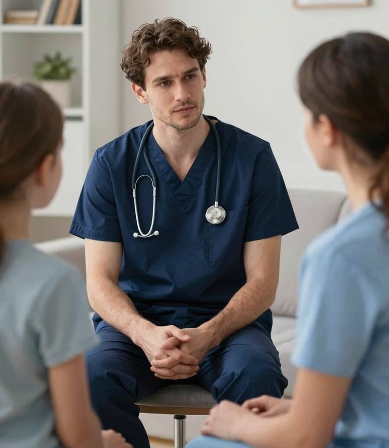 A medical professional in specialized attire conversing calmly with a family member in a modern Central European / German residential setting. The atmosphere is warm and expert, with colors featuring Dark Slate Blue and Light Sky Blue.