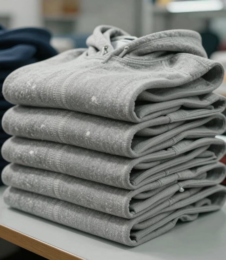 Detailed photography of a stack of premium cotton hoodies, neatly folded in a South American apparel factory. The textures of the fabric are visible. Soft cinematic lighting in a clean workspace highlights the quality of the stitching and the professional environment.