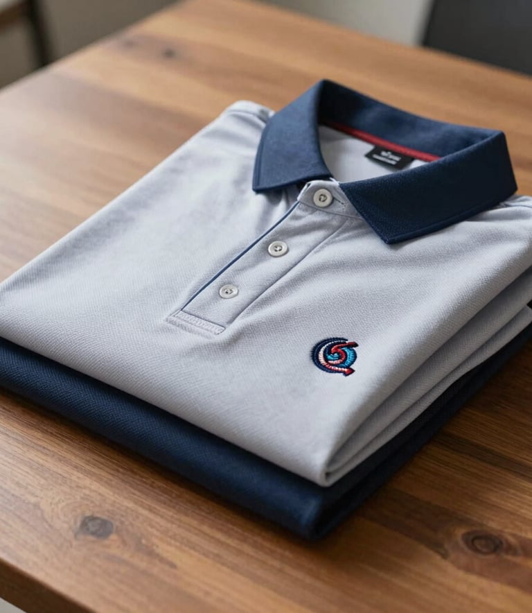 A close-up of professional corporate polo shirts neatly folded on a wooden table in a brightly lit South American studio, featuring high-quality embroidery and clean fabric textures.