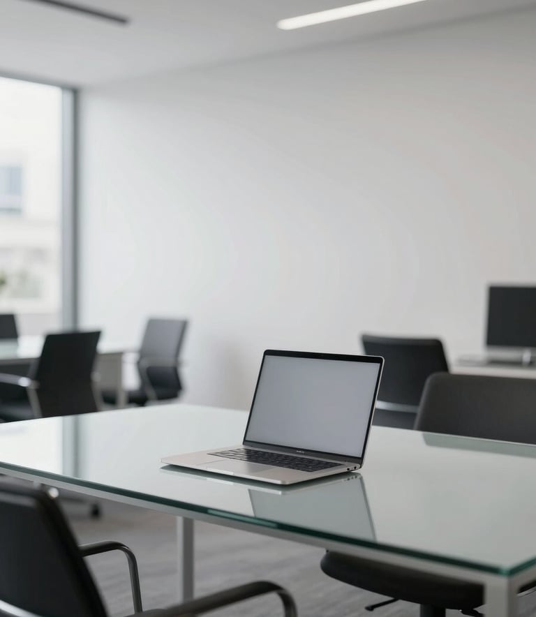 A wide-angle shot of a minimalist, high-end creative agency office in a South African business district. The space features clean lines, white walls, and charcoal furniture. Soft natural light illuminates a large glass desk with a sleek silver laptop, reflecting a palette of #F5F5F5 and #A0A0A0.