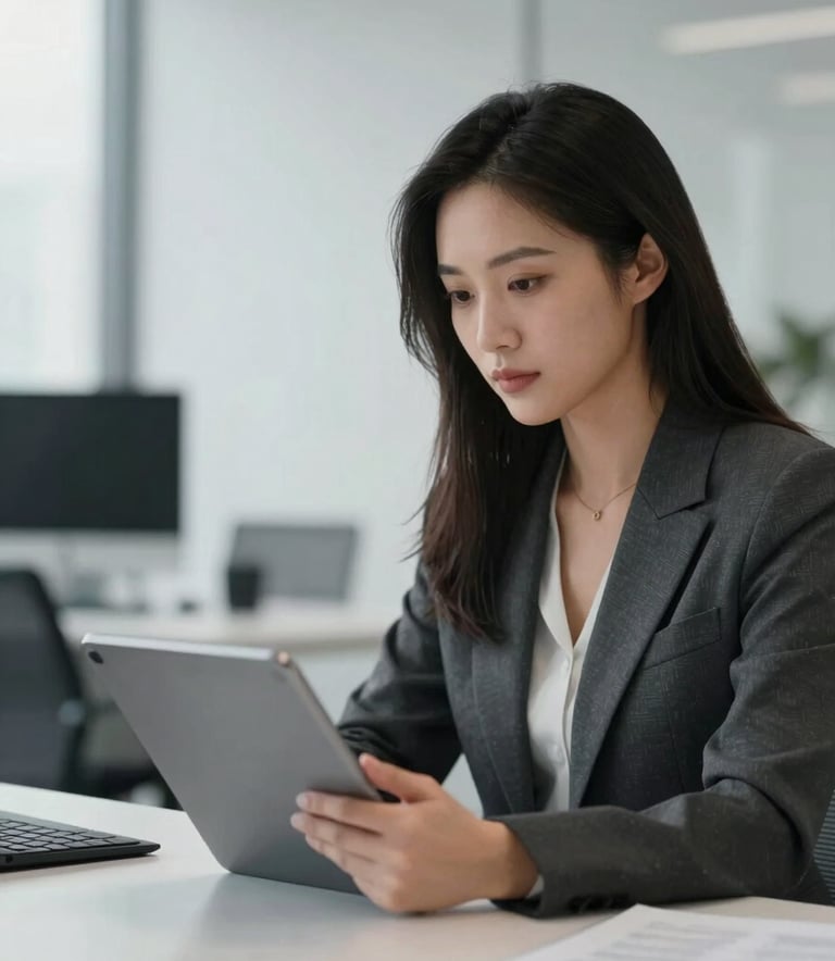 A professional woman in a modern minimalist office environment, looking at high-end data analytics on a silver tablet. The lighting is soft and professional with a palette of #1A1A1A, #505050, and #F5F5F5.