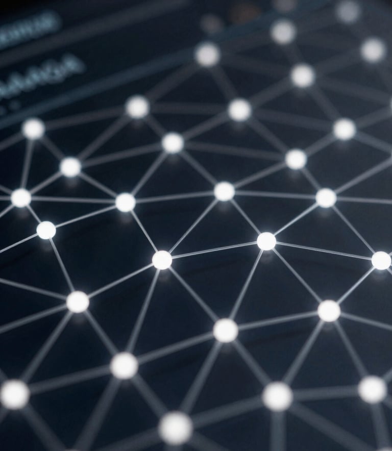 Abstract close-up of a digital glass screen with glowing network nodes and data connections in #A0A0A0 silver against a deep #1A1A1A background, representing innovation and intelligence.