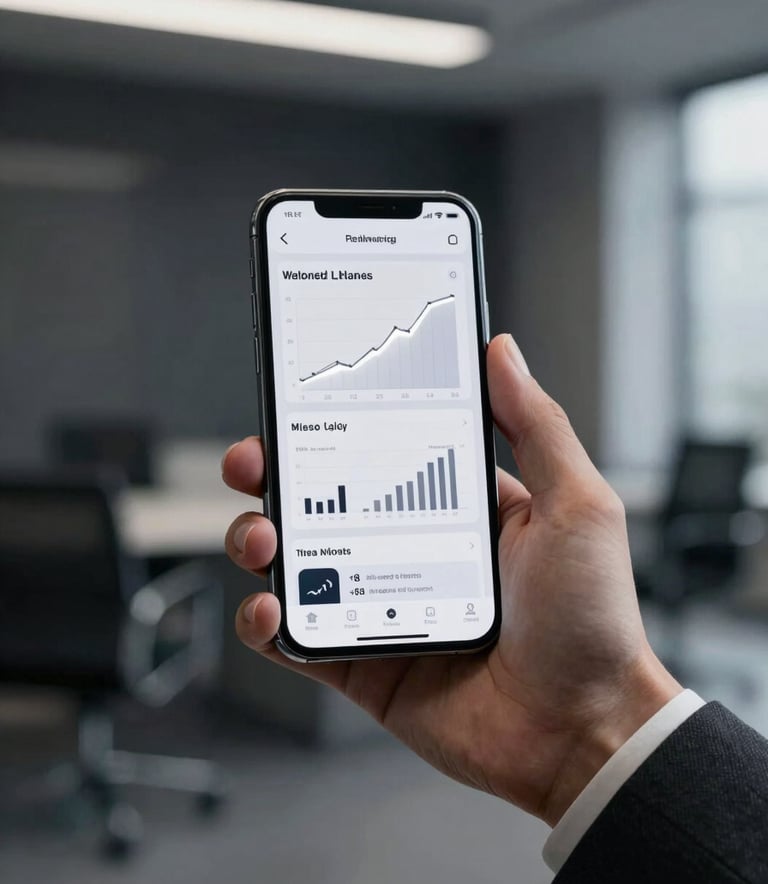 A professional, high-end close-up of a premium smartphone held by a business professional in a tailored dark suit. The screen displays a minimalist dashboard of advertising analytics with glowing silver lines. The background is a blurred, high-end office interior with black and grey tones (#1A1A1A, #505050), emphasizing efficiency and trust.