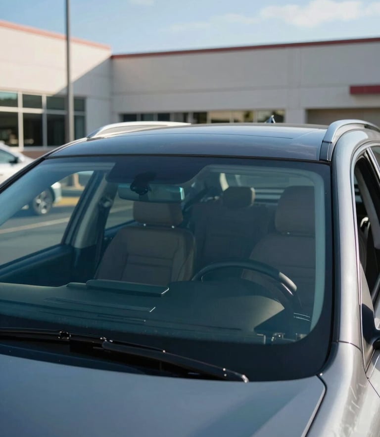 A modern SUV with a flawless, sparkling new windshield parked in a bright North American office building parking lot. The glass reflects a clear blue sky, emphasizing clarity and safety.