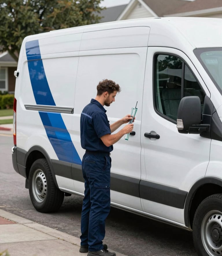 A branded white service van with dark blue and medium blue accents parked on a quiet North American suburban street. A technician in a professional navy blue uniform is neatly organizing high-quality glass tools. The composition is clean and modern, representing reliability.