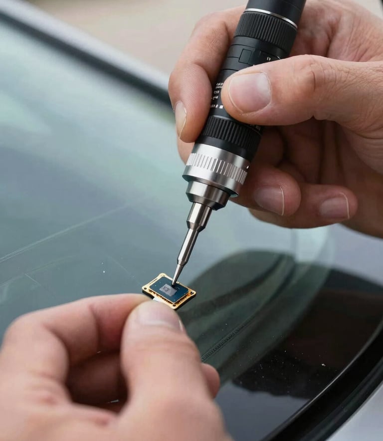 Close-up macro photography of a technician's hands using a professional precision tool to repair a small chip in a car's windshield. The focus is sharp on the repair process, set in a bright outdoor US environment.