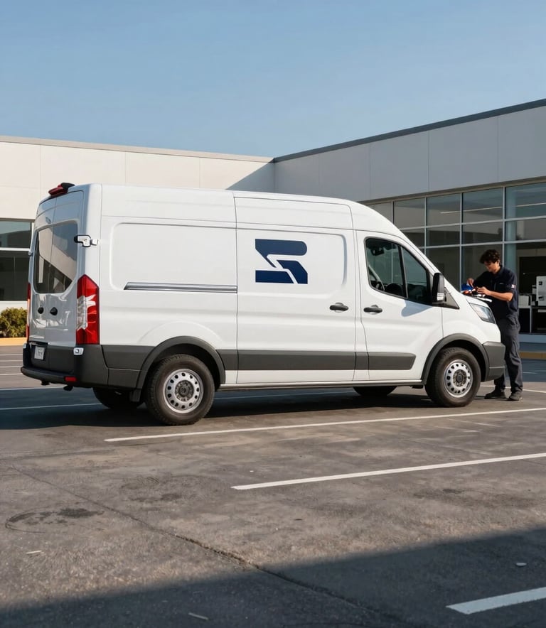 A wide-angle professional photograph of a modern, clean white mobile service van with a sleek dark navy logo parked in a North American corporate office parking lot. A technician is seen neatly organizing tools at the back of the van under a clear, bright afternoon sun. The composition is professional and emphasizes convenience and reliability.