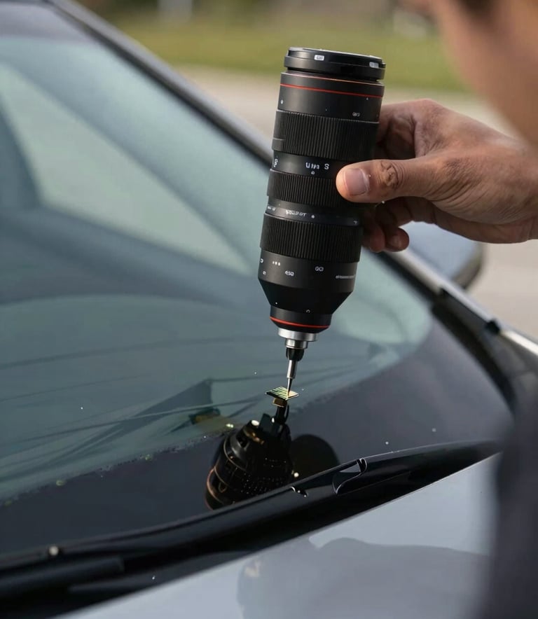 Photography of a high-tech tool being used to repair a small chip on a windshield, professional equipment, modern car, soft natural lighting in a North American setting, emphasizing precision and technology.