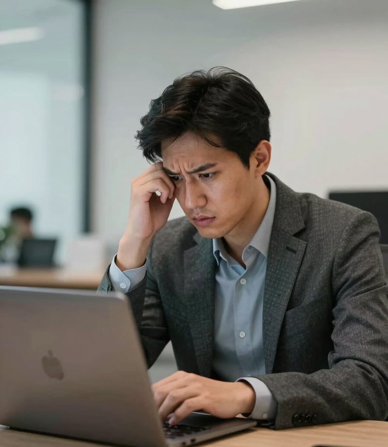 A frustrated business owner in a modern Argentinian office environment looking at a laptop screen with concern, representing the challenge of unpredictable growth. Professional lighting, minimalist corporate setting.