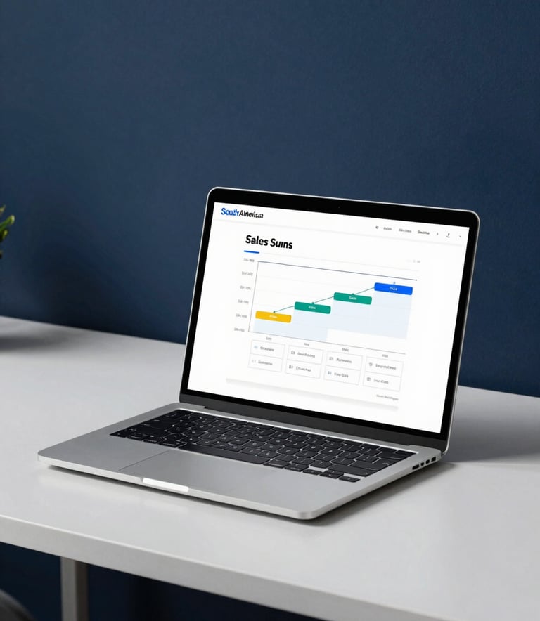 A minimalist workspace with a laptop displaying a clean sales funnel diagram on the screen, professional corporate setting in South America, white and dark blue lighting accents, architectural photography style.