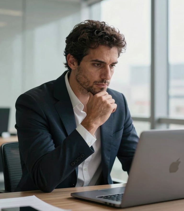 A professional South American businessman looking thoughtfully at a laptop screen in a high-end corporate office in Buenos Aires, natural morning light, minimalist aesthetic.