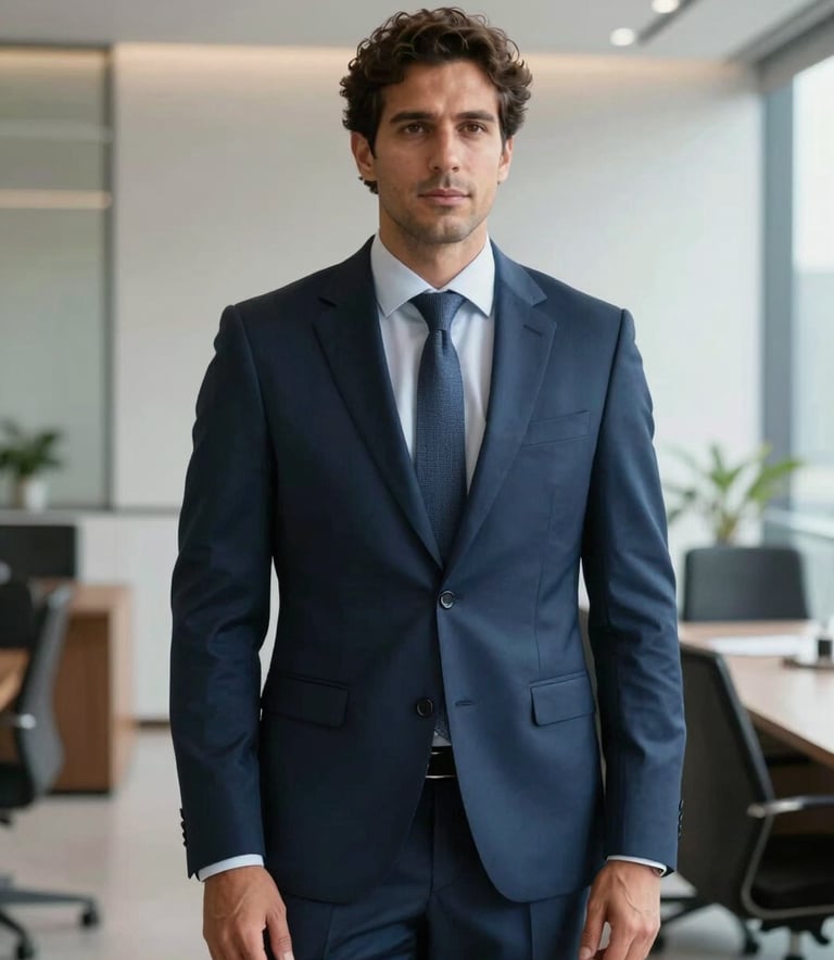 A sharp, professional portrait of a male business consultant in a high-end corporate office in Salta, Argentina. He is wearing a tailored navy suit, looking confident and authoritative. The background shows a minimalist, modern office interior with soft natural light.
