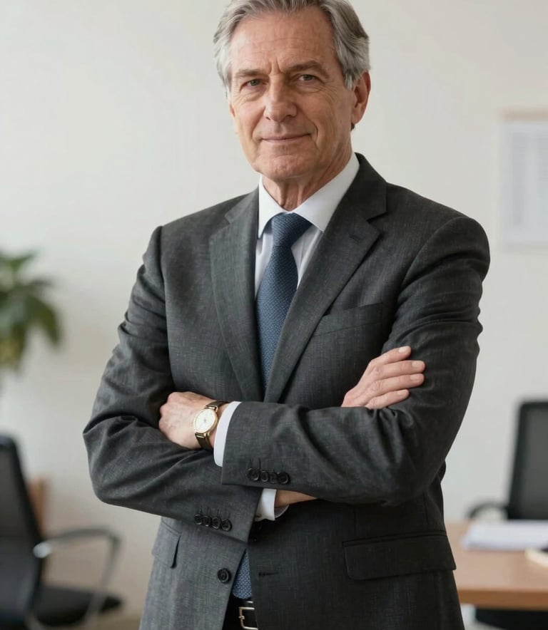 A professional portrait of a senior legal consultant in a dark charcoal suit, standing confidently with a soft, blurred office environment in the background. High-key lighting, soft off-white tones.