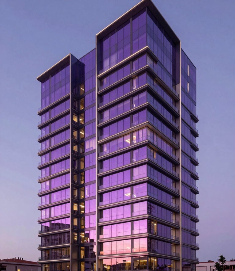 Wide angle photography of a luxurious contemporary residential complex in Madrid. Sharp architectural lines, dusk lighting with elegant royal purple and neon fuchsia reflections on the glass facade. Iberian / Spanish high-end architecture. Premium minimalist feel.