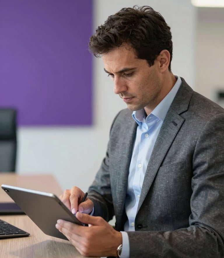 A professional business consultant in a tailored suit reviewing financial data on a sleek tablet in a modern office in Barcelona. Iberian / Spanish setting. The background has soft bokeh with tones of royal purple and mist white.