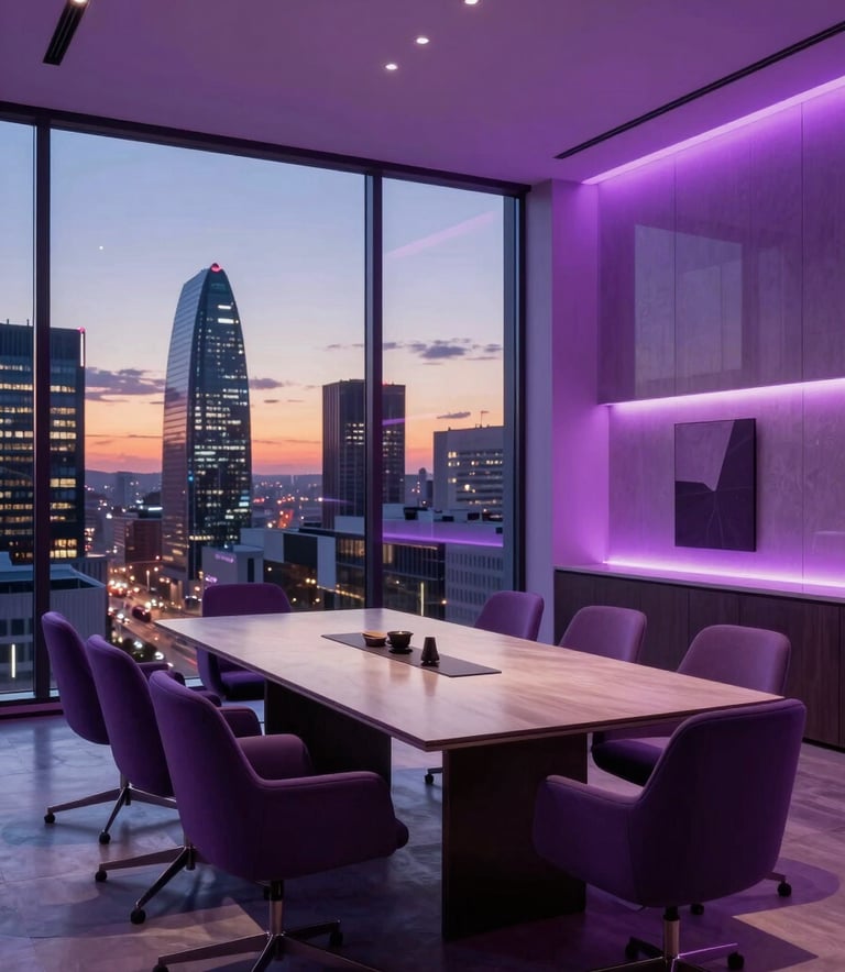Fotografía de gran angular de una sala de juntas corporativa de lujo en Madrid, con mobiliario minimalista de color púrpura oscuro, iluminación ambiental sutil en tonos fucsia neón y una vista espectacular de la arquitectura moderna de la ciudad al atardecer, atmósfera premium y profesional.