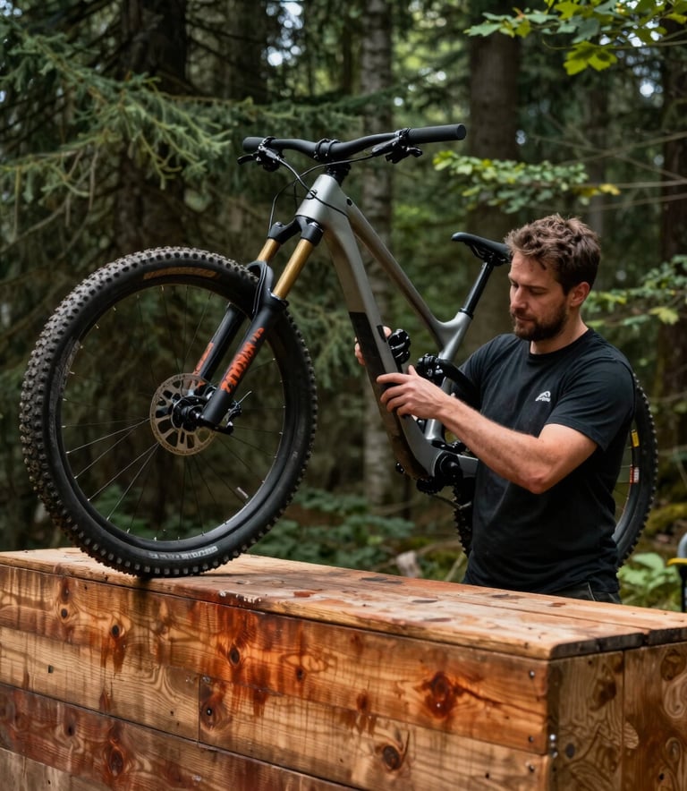 A professional photography shot of a mountain bike technician performing maintenance on a trail feature, high-quality wooden obstacles in a forest setting, French / Vosges Region, deep green and rust orange accents, natural lighting.