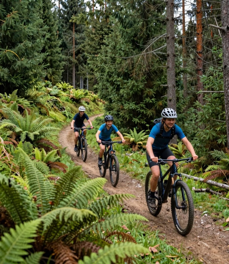 Wide shot of a family mountain biking together on a gentle green trail through a pine forest, vibrant green ferns, cheerful atmosphere, French / Vosges Region.