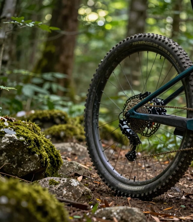 Close-up of a mountain bike wheel on a dirt trail with mossy rocks, soft focus on the lush forest green background, sunlight filtering through leaves, French / Vosges Region.