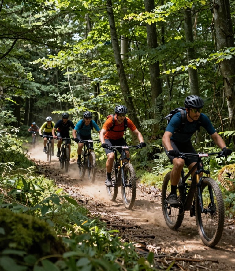 Action shot of a group of mountain bikers riding through a sun-dappled forest path, French / Vosges Region, kicking up a bit of dust, adventurous and welcoming vibe, sage and deep green tones.