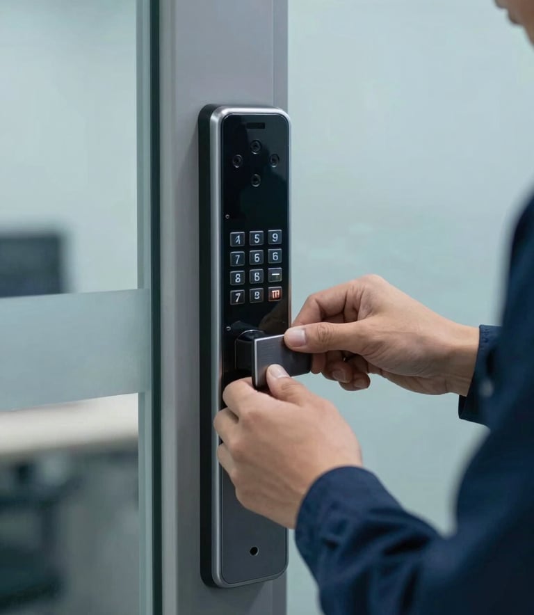 A close-up photograph of a skilled technician's hands installing a modern electronic keypad lock on a commercial glass door. The color palette features slate blue and light grey tones, shot in a professional North American office environment.