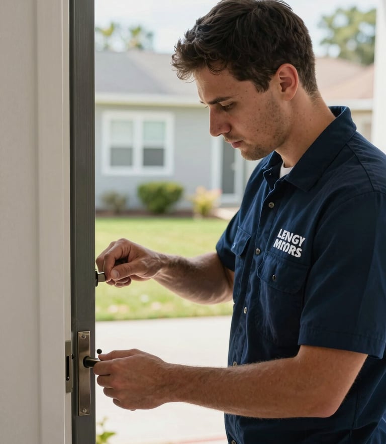 A professional locksmith in a clean dark blue uniform with expert branding, working on a high-security residential door lock in a North American suburban setting during the day. The lighting is bright and clear, emphasizing a sense of security and trust.