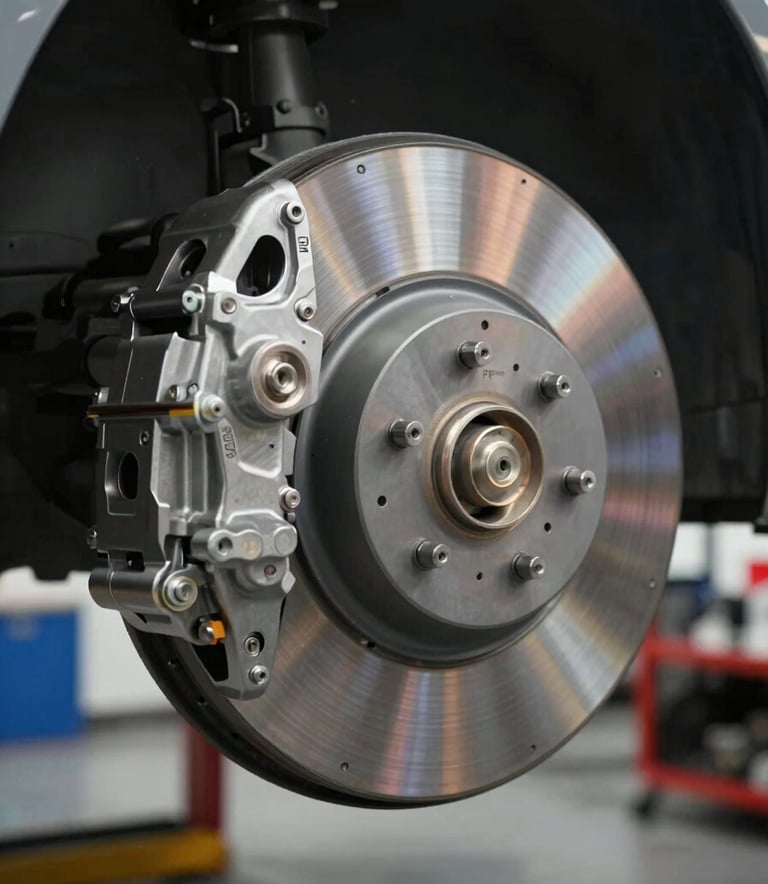 Close-up of a high-end car brake system being inspected in a clean, professional auto shop. Lighting is sharp and professional, highlighting mechanical precision, with subtle #4A6577 and #B88B4A tones reflecting off the metallic surfaces.