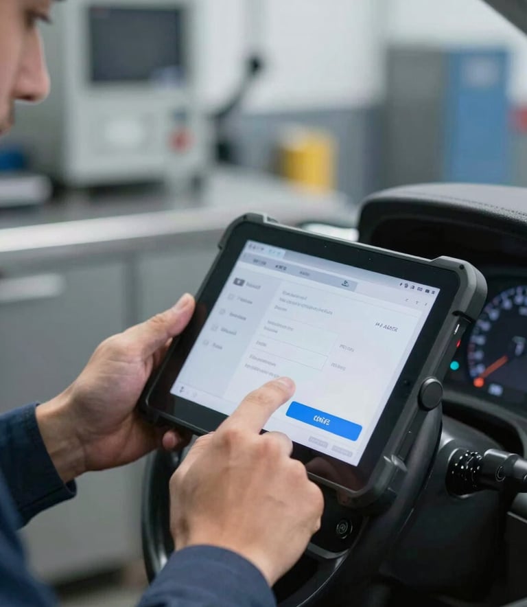 Close-up of a mechanic's hands using a digital diagnostic tablet connected to a modern car's dashboard, professional lighting, workshop background with clean steel surfaces, incorporating #4A6577 and #222E3C tones.