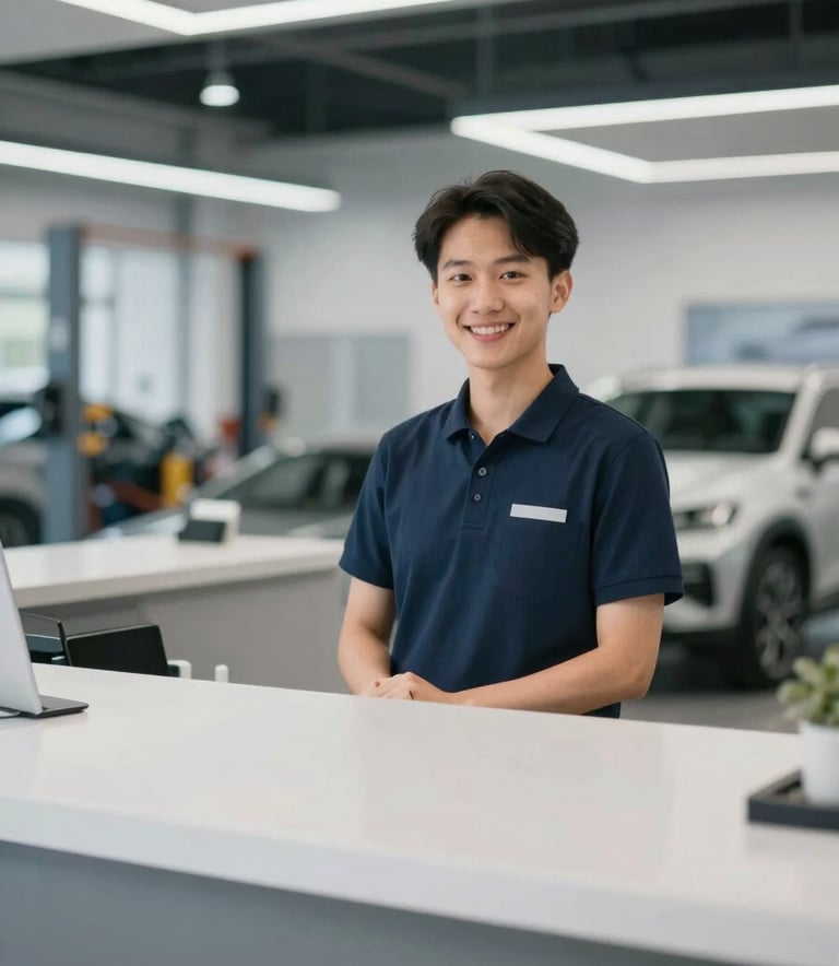 Modern automotive service center reception, clean and organized, with a friendly professional service advisor, background showing a glimpse of a high-tech workshop, lighting is bright and trustworthy, featuring colors #222E3C and #F0F4F7.