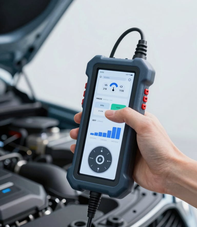Electronic diagnostic tool connected to a modern car engine. High-tech interface visible, emphasizing efficiency and modern technology. Clean composition with #4A6577 and #F0F4F7 as dominant tones.