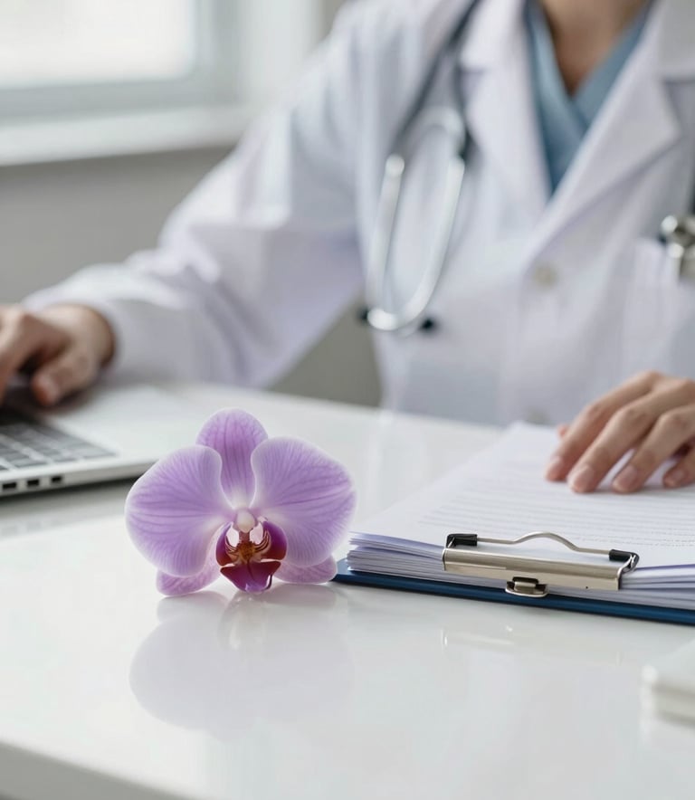 A close-up, high-end photograph of a professional clinician's desk in a North American setting. A soft lavender orchid sits next to a stack of clinical journals. The lighting is bright and natural, reflecting off a polished white surface, creating a clean and empathetic medical atmosphere.