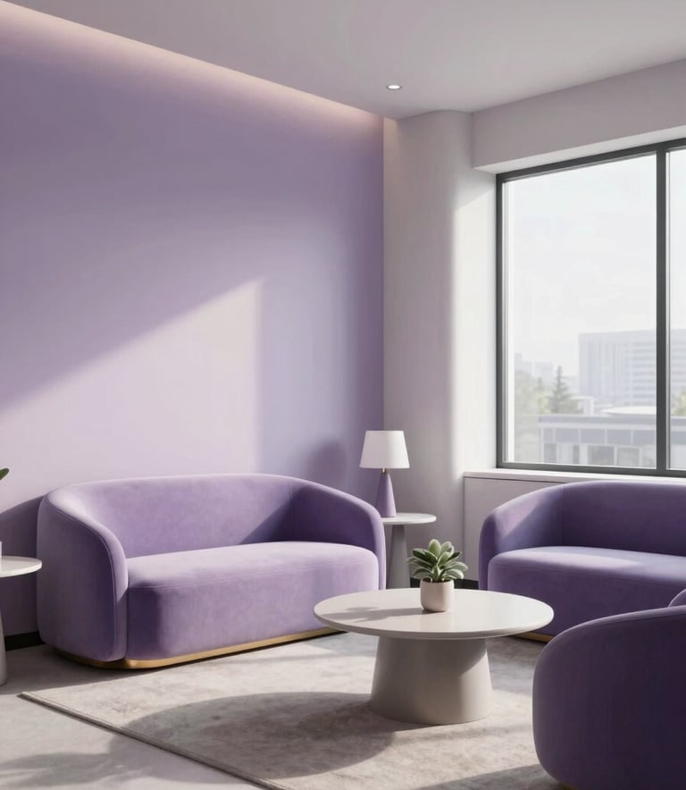 A wide, high-quality photograph of a luxurious and minimalist medical office in the US. The room is spacious with soft lavender and light gray accents, featuring comfortable modern furniture and a large window with soft sunlight, projecting a professional yet warm aesthetic.