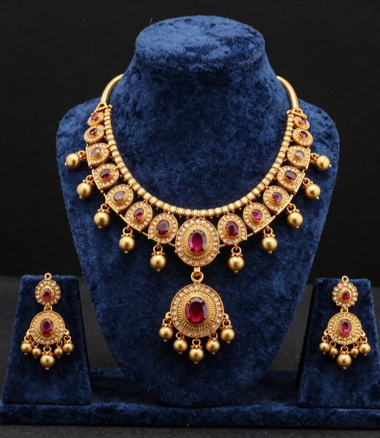 A professional studio shot of high-quality gold-plated imitation jewelry displayed on a velvet Slate Blue stand, highlighting fine Indian craftsmanship for international markets, Global B2B / Indian Origin.